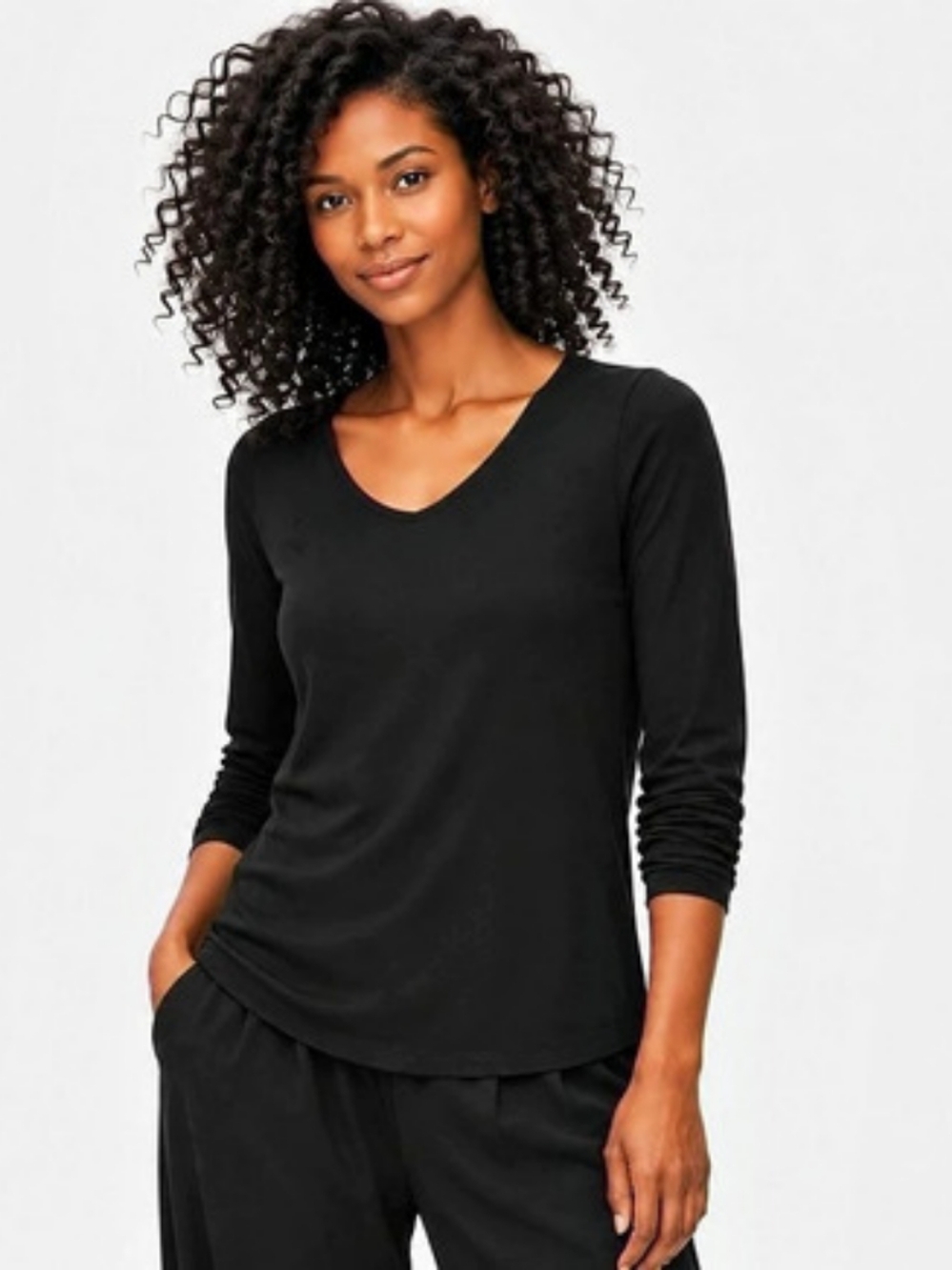Eileen Fisher 100% Silk Rounded V-Neck Top S Black